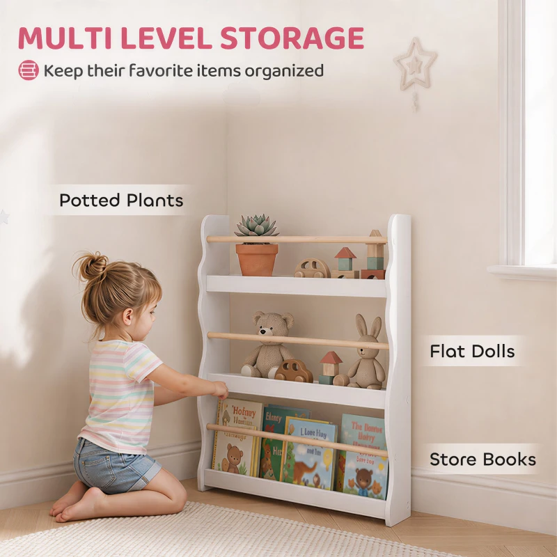 Qaba 3-Tier Kids Bookshelf Wall Mounted, Floating Children's Bookcase for Playroom, Living Room, for 3-8 Years, White