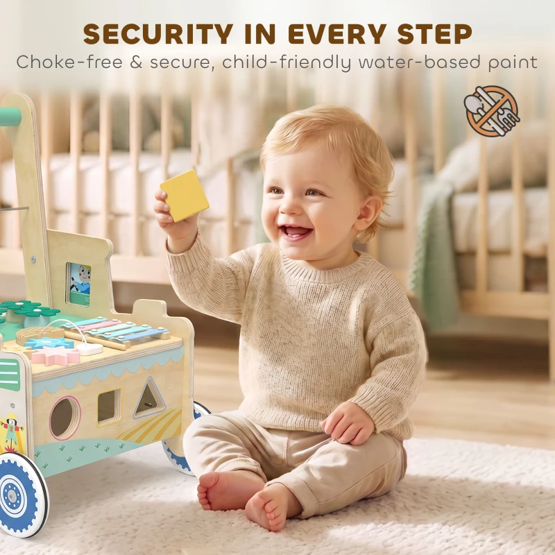 Qaba Wooden Baby Walker for 1-3 Year, Montessori Inspired Push Along Walker Toys, Multifunctional Activity Centre
