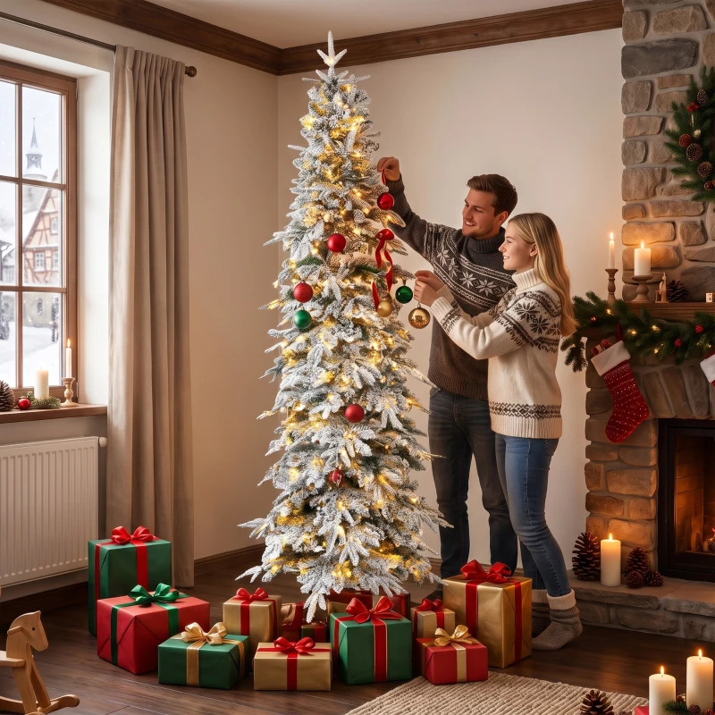 HOMCOM 7ft Prelit Flocked Christmas Tree, Artificial Pencil Hinged Xmas Tree w/ Slim Downswept Shape, 350 Warm White LED Lights, 8 Modes, Daily Timer, 800 Tips, Remote, Green White