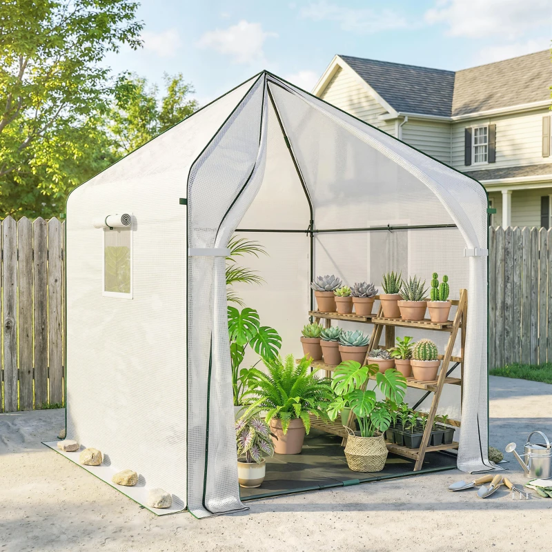 Outsunny Walk-in Greenhouse, 63" x 63" x 78.7", Roll-Up Door, 3 Mesh Windows, PE Cover, Steel Frame, White
