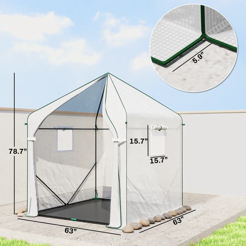 Outsunny Walk-in Greenhouse, 63" x 63" x 78.7", Roll-Up Door, 3 Mesh Windows, PE Cover, Steel Frame, White