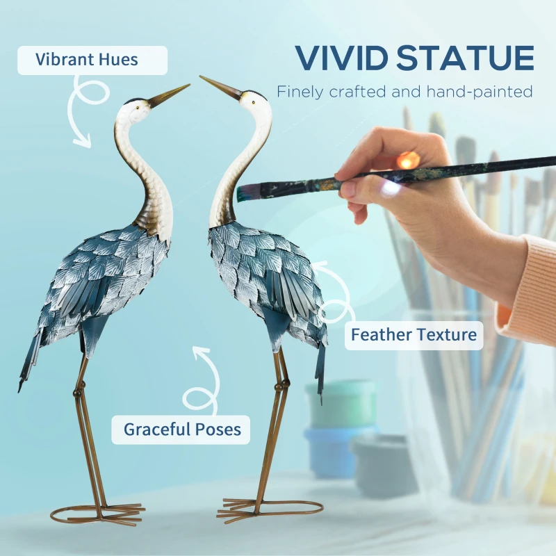 Outsunny Crane Garden Statues, 28.5" & 29" Standing Bird Sculptures, Metal Yard Art Decor, Landscape Decoration Set of 2, Blue
