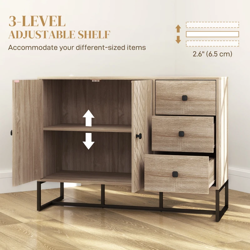 HOMCOM Modern Sideboard, 42.5" Buffet Cabinet with Adjustable Shelves and 3 Drawers, Coffee Bar Cabinet with 2 Doors, Oak