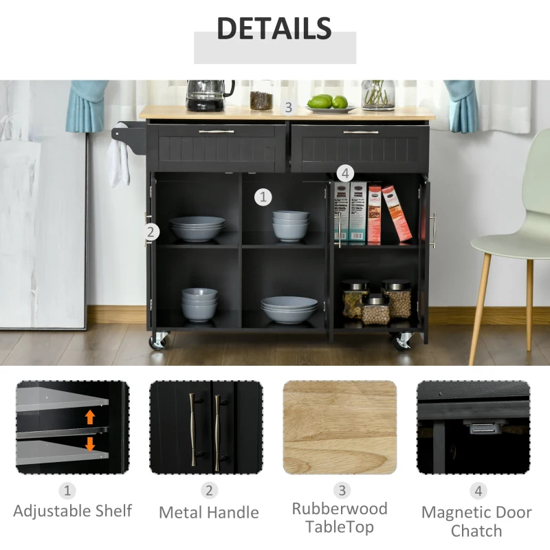 HOMCOM Mobile Kitchen Island with Storage, Kitchen Cart with Wood Top, Storage Drawers, 3-door Cabinets, Adjustable Shelves and Towel Rack, Black