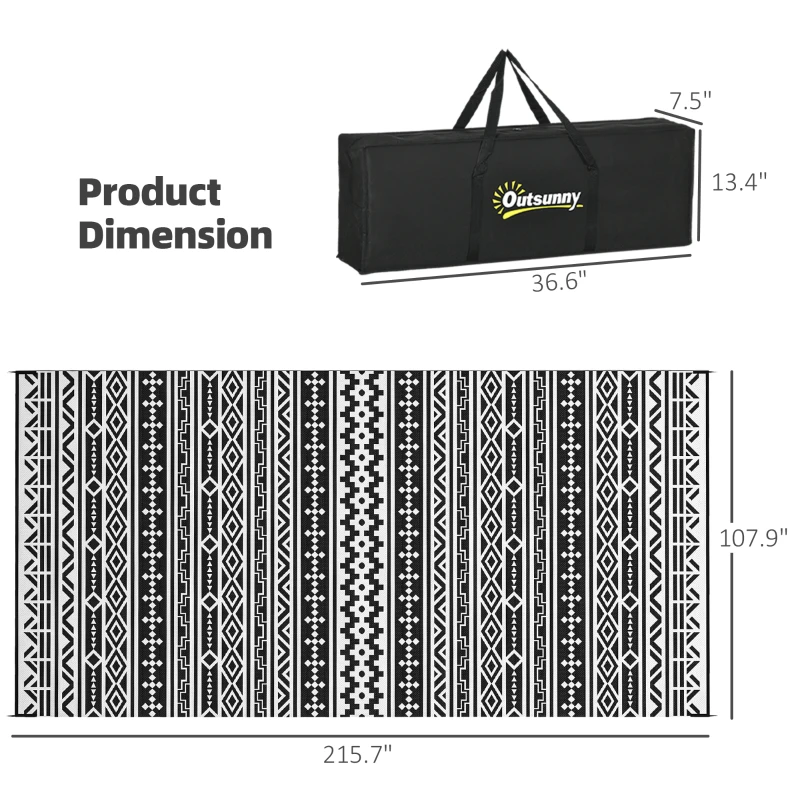 Outsunny Reversible Outdoor Rug, Waterproof Plastic Straw with Carry Bag, 9' x 18', Black & White Geometric Wall