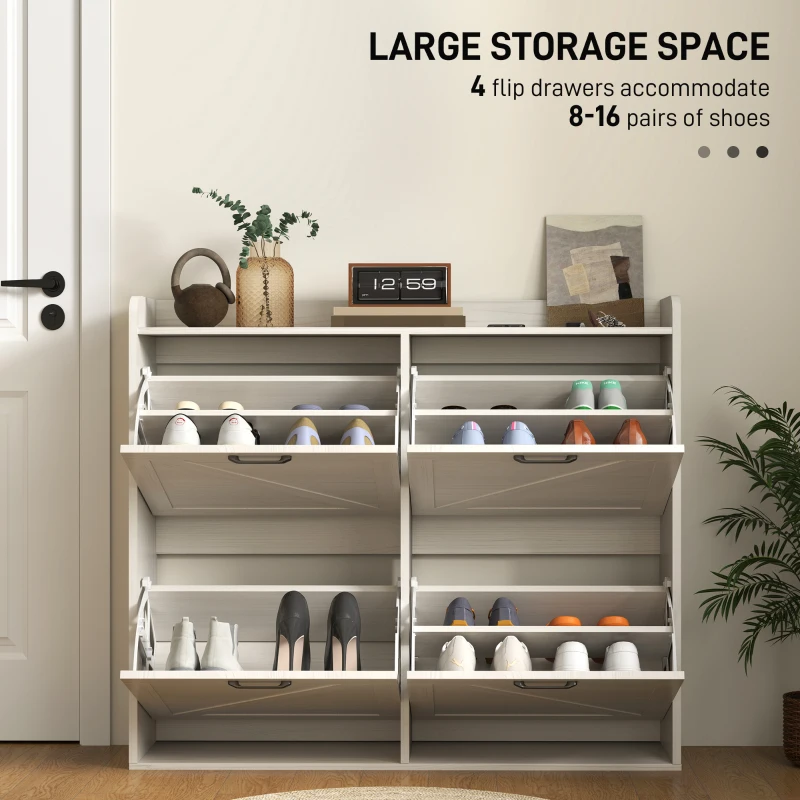 HOMCOM Narrow Shoe Storage Cabinet with 4 Flip Drawers, Adjustable Shelves, 16 Pair Farmhouse Shoe Cabinet, White Oak