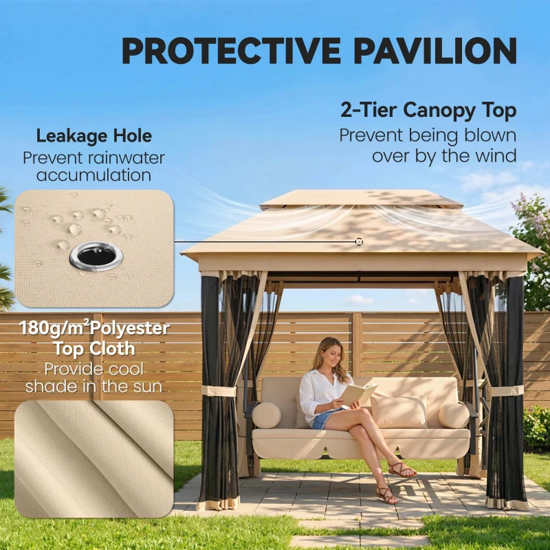 Outsunny 3-Seat Patio Swing Chair, Outdoor Gazebo Swing with Double Tier Canopy, Mesh Sidewalls, Cushioned Seat and Pillows, Beige