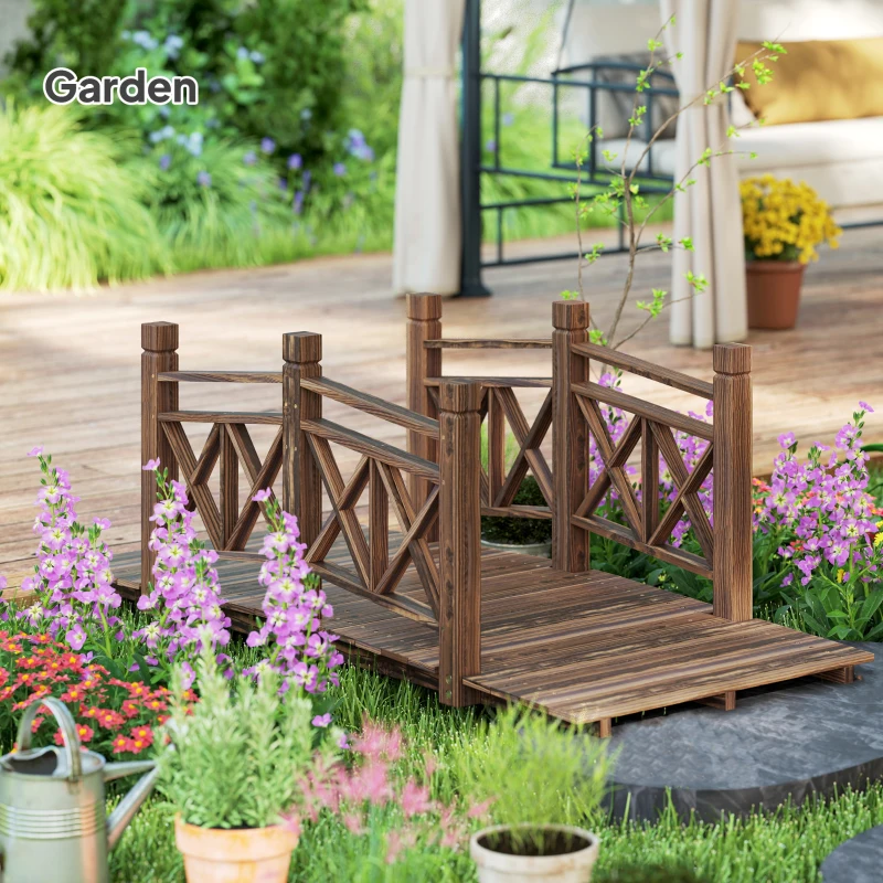 Outsunny 5 ft. Wooden Garden Bridge Footbridge for Backyard Ponds, Creeks, Streams, Carbonized