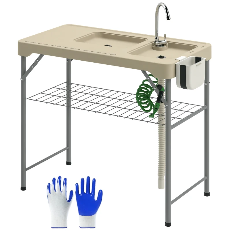 Outsunny Folding Fish Cleaning Table with Sinks, Portable Camping Sink Table with Faucet, Drainage Hose, Sprayer, Shelf