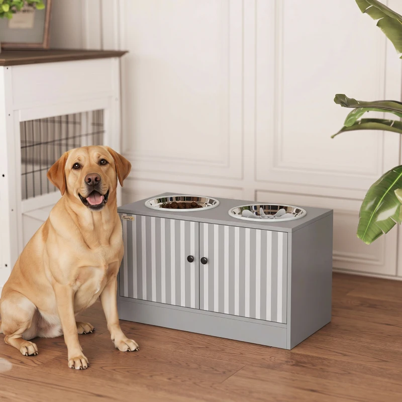 PawHut Elevated Dog Bowls with Storage Cabinet,  2 Stainless Steel Bowls, Slow Feeder, Dog Feeding Station for Large Dogs, Gray