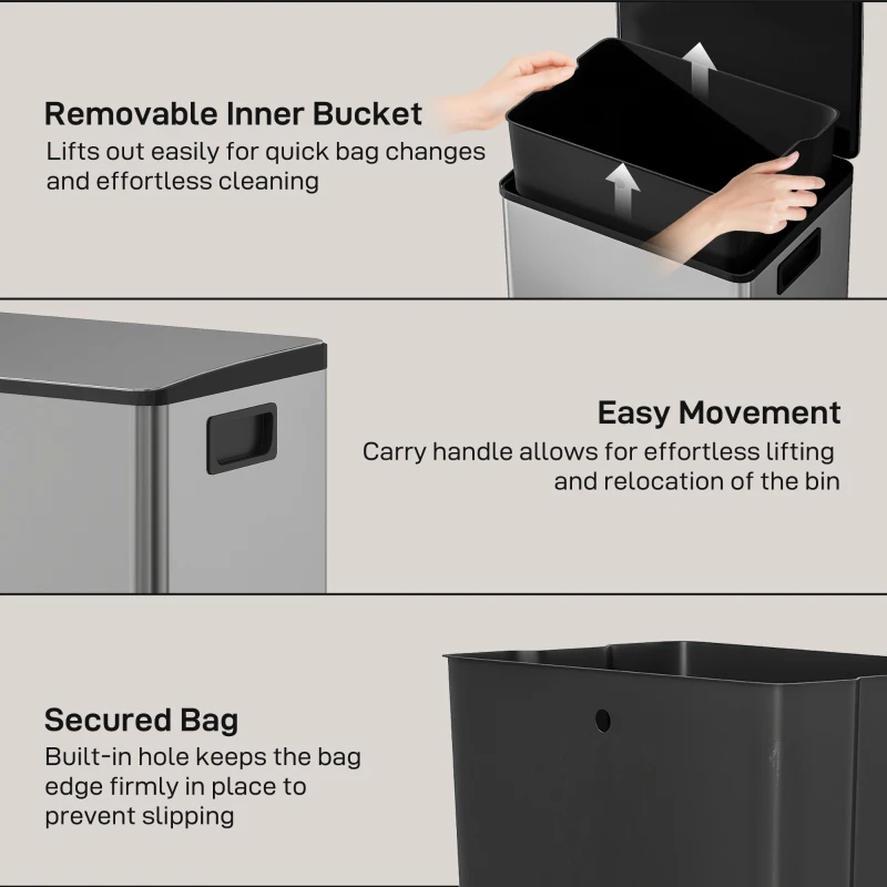 HOMCOM Trash Can with Soft-Close Lid, Garbage Can with Removable Inner Bucket for Kitchen 13.2 gal/50 L, Silver