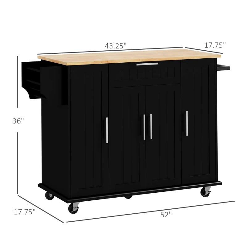 HOMCOM Modern Rolling Kitchen Island Cart with Drawers, Natural Wood Top, Towel Rack, Door Storage Cabinet,  Black