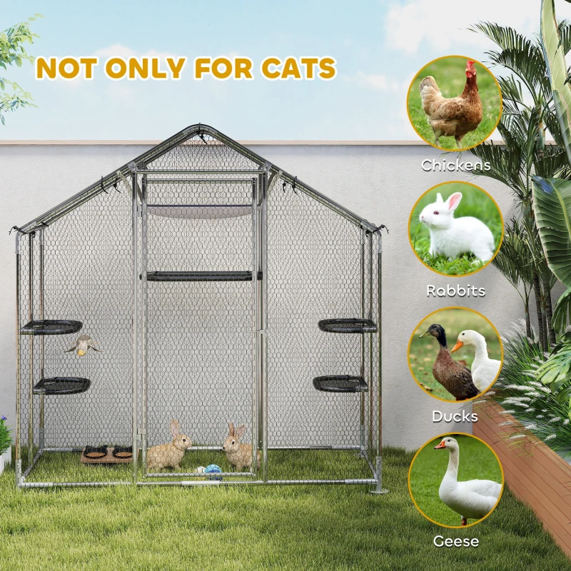 PawHut Large Catio Outdoor Cat Enclosure with Waterproof Cover, Walk-in Cat Patio w/ 5 Adjustable Platforms & Hammock