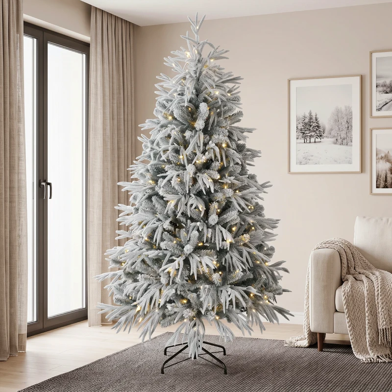 HOMCOM 6ft Prelit Flocked Christmas Tree, Artificial Norfolk Pine Downswept Hinged Xmas Tree with 250 LEDs, Green and White