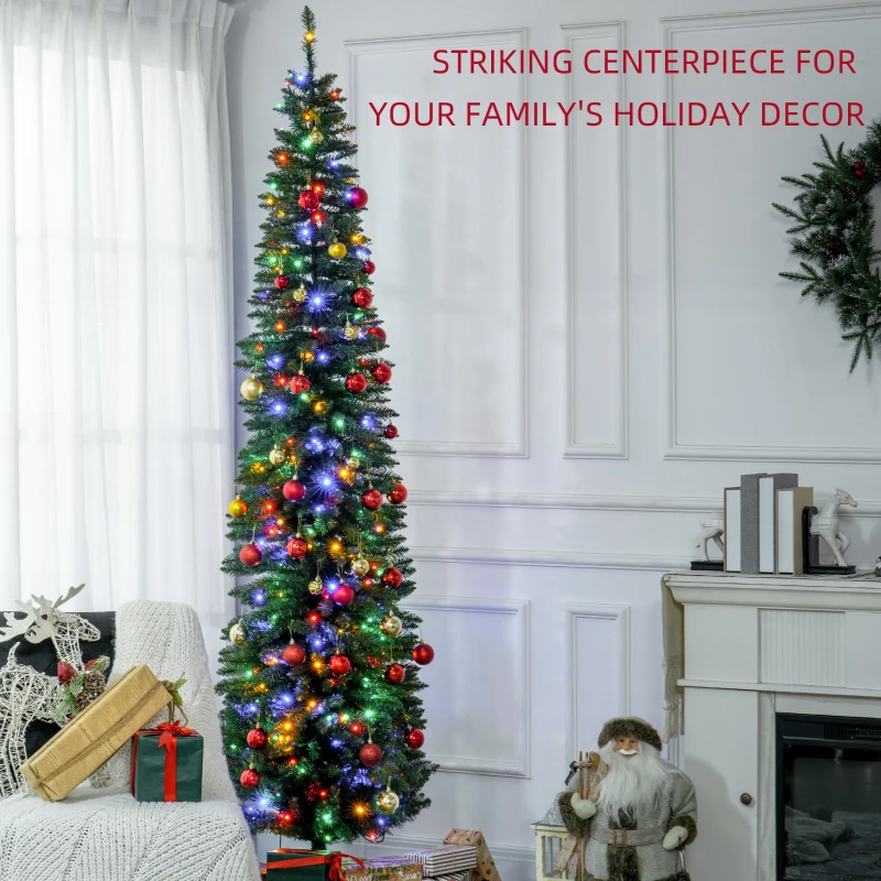HOMCOM 8' Artificial Pencil Christmas Trees Holiday Decoration with Colorful LED Lights, Steel Base, Skinny Shape