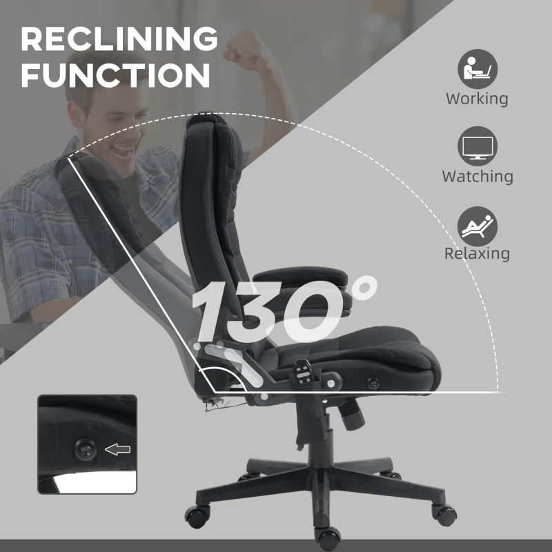 HOMCOM 6 Point Vibrating Massage Office Chair with Heat, Linen High Back Massage Desk Chair with Reclining Backrest, Black