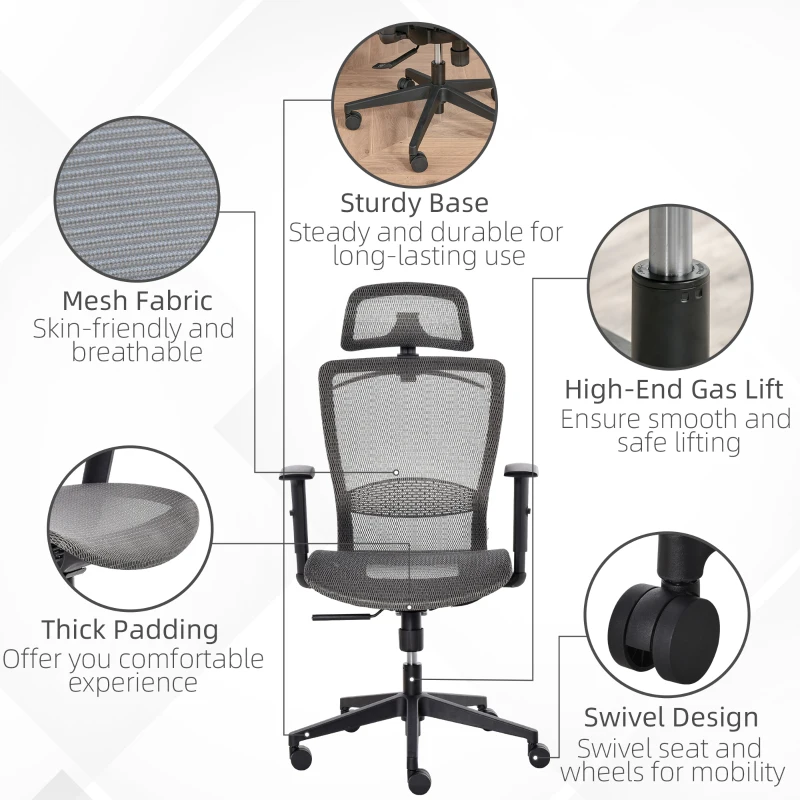 Vinsetto High-Back Mesh Home Office Chair with Coat Hanger, Computer Task Chair with Adjustable Height, Arms, Headrest and Lumbar Support, 360° Wheels and Seat, Reclining Function, Grey