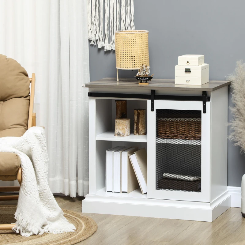 HOMCOM Farmhouse Buffet Cabinet Kitchen Sideboard with Sliding Barn Door and Adjustable Shelves for Living Room White