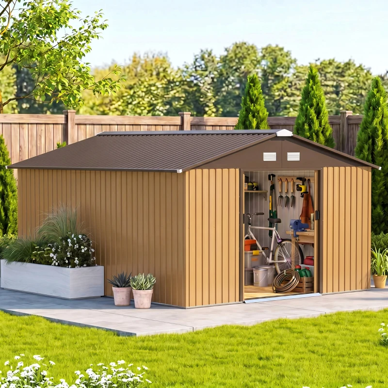 Outsunny Garden Metal Shed, Storage Shed Utility Storage with Double Locking Doors for Bike, Yard Tools, Yellow