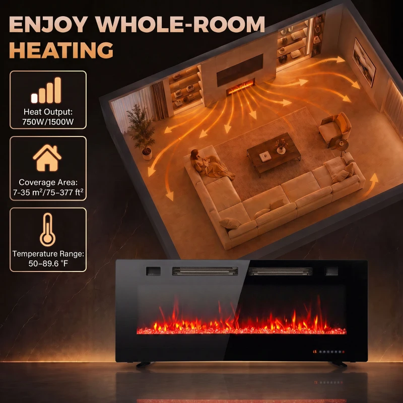 HOMCOM 42" Electric Fireplace, Ultra-Thin Recessed, Wall Mounted and Freestanding Fireplace w/ Flame Effect, 750W/1500W, Black