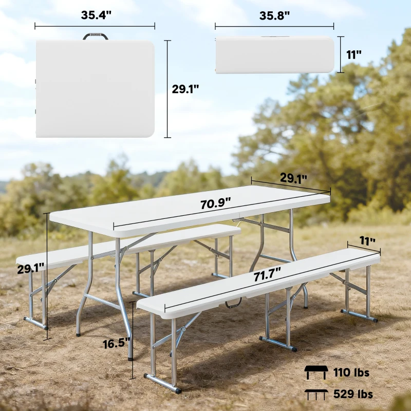 Outsunny 6FT 3 PCS Portable Camping Table and Chairs, Folding Picnic Table Bench Set with Carrying Handles for BBQ, Party, White