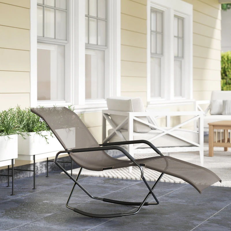 Outsunny Outdoor Folding Rocking Chair, Foldable Chaise Lounge Pool Chair, Zero Gravity Lounge Chair with Armrests for Sun Tanning, Sunbathing, Rocker for Patio, Lawn, Beach, Brown