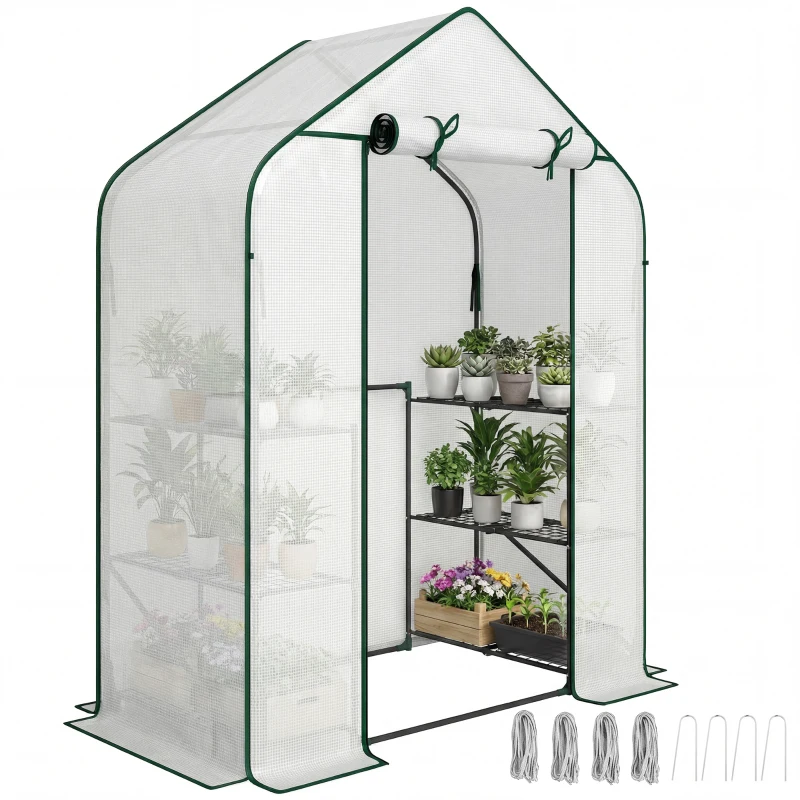 Outsunny Greenhouse for Outdoors, Portable Greenhouse with 6 Shelves, UV-Resistant PE Cover, Roll-Up Door, White