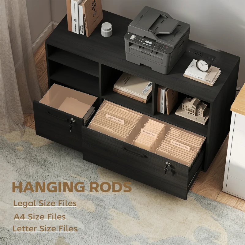 HOMCOM File Cabinet, 2 Drawer Mobile Lateral Filing Cabinet Printer Stand with Lock, Charging Station, Hanging Bars, Black