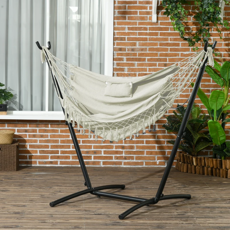 Outsunny Patio Hammock Chair with Stand, Outdoor Hammock Swing Hanging Lounge Chair with Side Pocket and Headrest, Cream