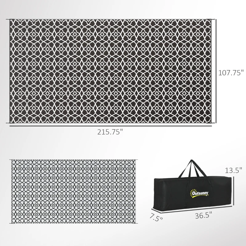 Outsunny Reversible Outdoor Rug Carpet RV Camping Rugs with Carry Bag, 9' x 18', Black & White Clover