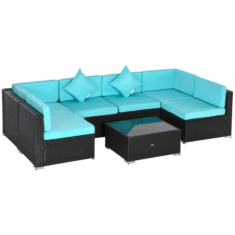 Outsunny 7 Piece Patio Furniture Set, Wicker Outdoor Sectional Sofa Set, All Weather PE Rattan Outdoor Furniture Conversation Sets with Cushions, Glass Top Coffee Table, Pillows, Turquoise