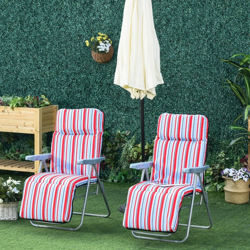 Outsunny Set of 2 Garden Sun Lounger, Outdoor Reclining Seat Cushioned Seat, Foldable Adjustable Recliner, Grey and Red