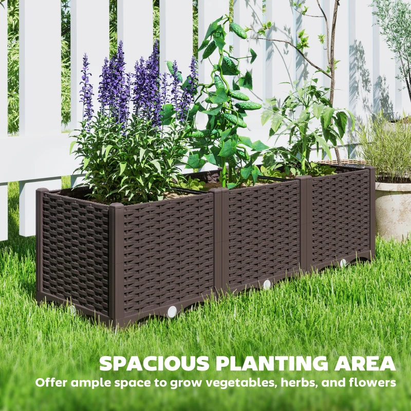 Outsunny Plastic Raised Garden Bed, 4 x 1 x 1 ft Outdoor Flower Box with Drainage Holes for Vegetables, Herbs, Brown