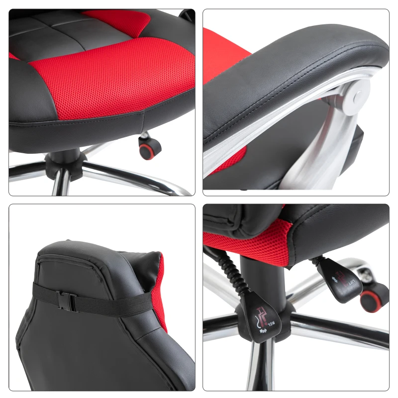 HOMCOM Racing Gamer Chair, High Back Faux Leather Gaming Chair with Headrest and Lumbar Support, Red