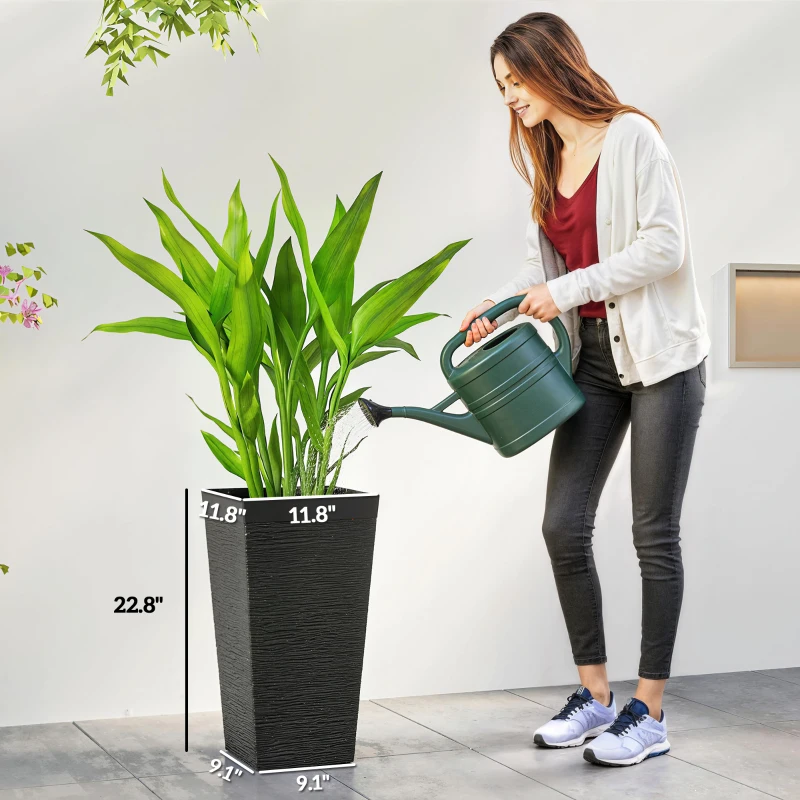 Outsunny 22.8 Inch Set of 3 Outdoor Planters with Stone Finish and Wheels, Stackable Tapered Planters with Drainage Hole, Black