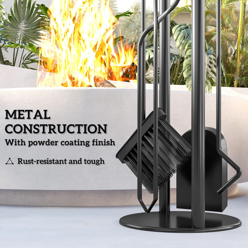 Outsunny Fireplace Tools Set, 5 Pieces Fireside Accessories with Brush, Shovel, Poker, A Pair of Tongs, Stand, Silver
