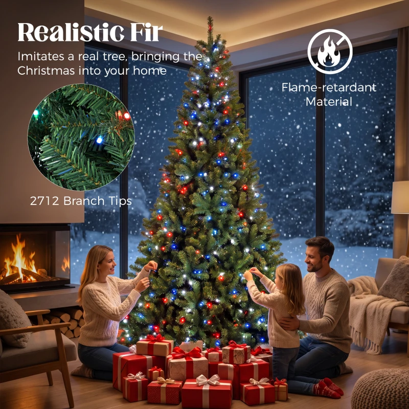 HOMCOM 9ft Prelit Christmas Tree with RGB Dynamic LEDs, Remote Control, Daily Timer, Hinged Xmas Tree, Easy Assembly