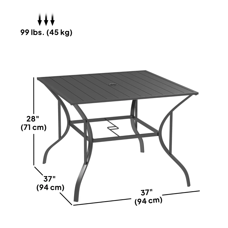 Outsunny Square Outdoor Patio Dining Table, Garden Table with Umbrella Hole, Slatted Metal Top for Backyard, Poolside, Dark Grey