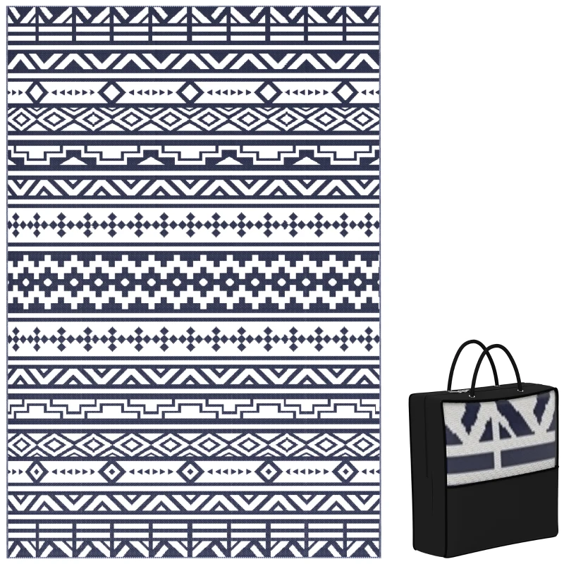 Outsunny Reversible Outdoor Rug, Waterproof Plastic Straw with Carry Bag, 6' x 9', Blue & White Geometric
