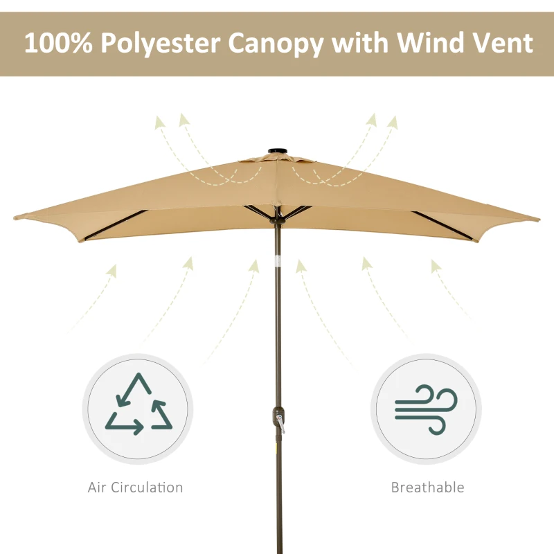 Outsunny 6.5x10ft Patio Umbrella Rectangle Solar Powered Tilt Aluminum Outdoor Market Parasol with LEDs Crank (Light Coffee)