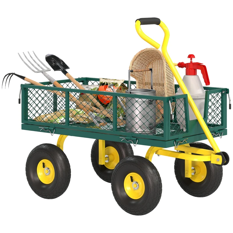 Outsunny Garden Cart, Utility Wagon Cart with Removable Sides, Convert into Flatbed, 10" Wheels, 180° Rotating Handle, Green