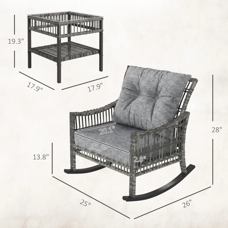 Outsunny 3 Piece Outdoor PE Rattan Rocker Chair Set, Rocking Chair with Tempered Glass Table Top, Gray