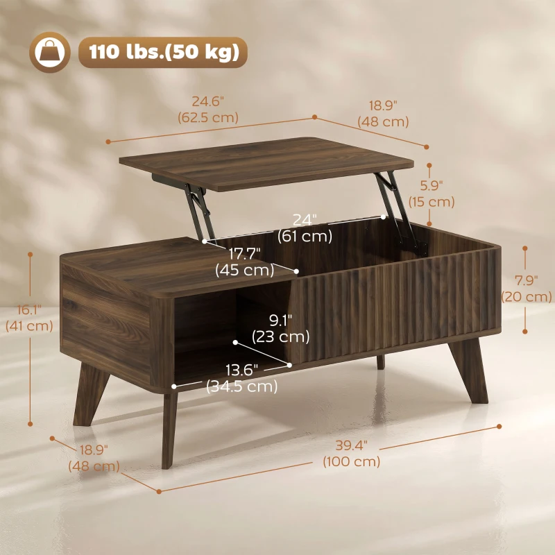 HOMCOM 40" Fluted Lift Top Coffee Table with Storage, Mid-Century Coffee Table with Hidden Compartment, Open Shelf, Walnut