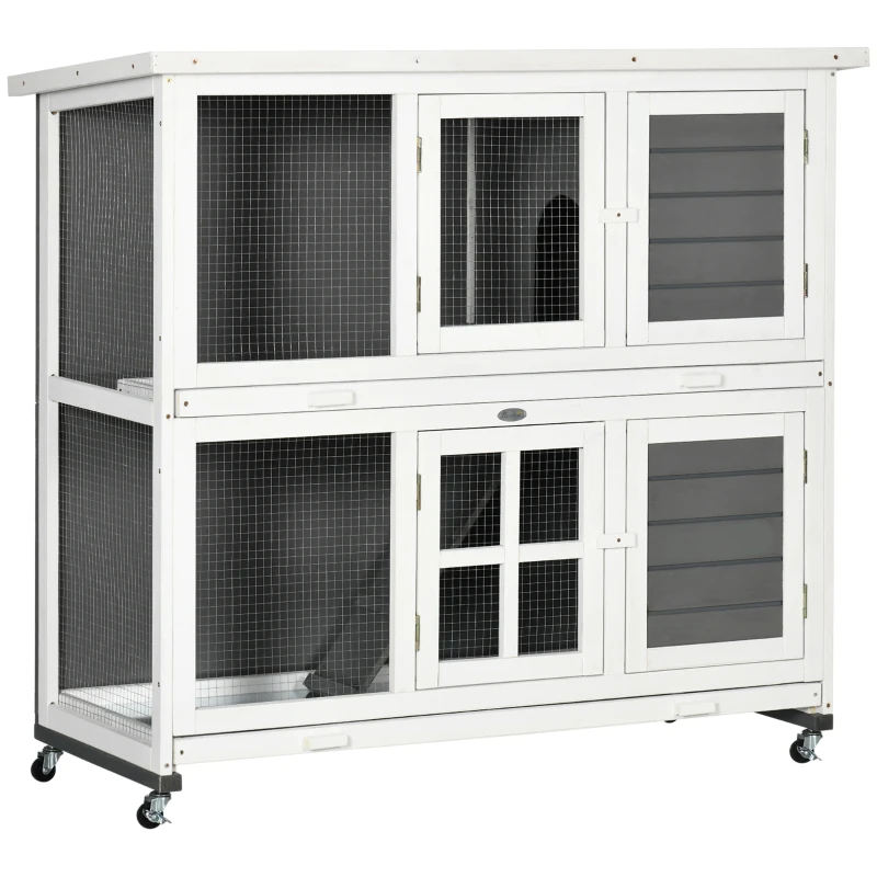 PawHut 2 Tier Wooden Rabbit Hutch with Wheels, Waterproof Roof, Removable Tray for Outdoor & Indoor, Dark Grey