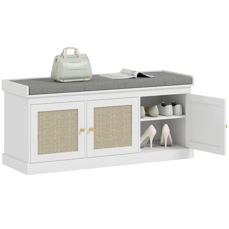 HOMCOM Shoe Storage Bench with Woven Rattan Doors, Shoe Bench with Cushion, Adjustable Shelves, Entryway Bench, White