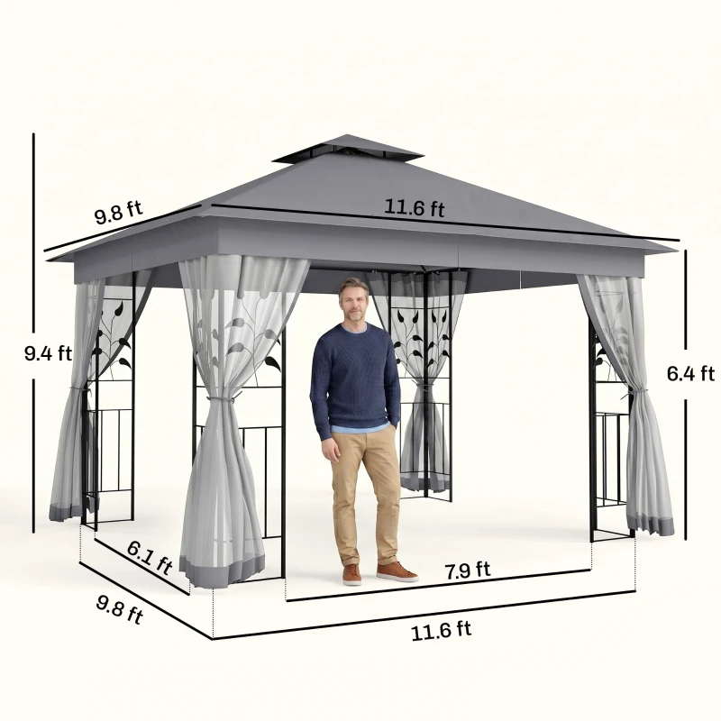 Outsunny 10' x 11.5' Metal Patio Gazebo, Double Roof Outdoor Gazebo Canopy Shelter w/Tree Motifs Corner Frame and Netting, Gray