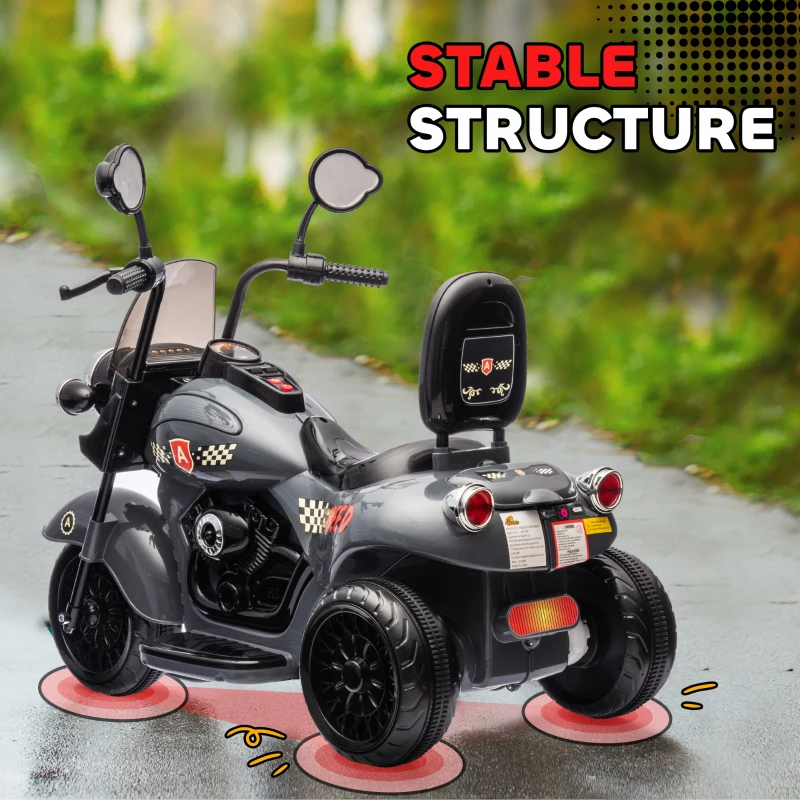 Qaba 6V 3 Wheel Electric Motorcycle for Kids, Battery Powered Motorbike w/ Headlights, Music, Forward & Reverse, Gray