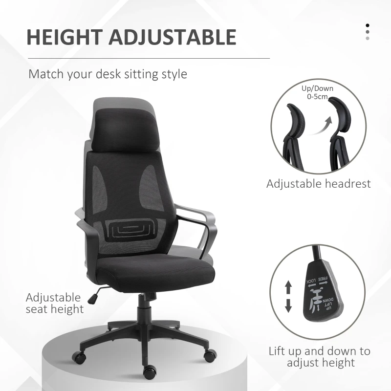 Vinsetto Mesh Office Chair with Up&Down Headrest, Ergonomic Computer Desk Chair with Adjustable Tilt Angle, Height Adjustable Swivel Seat with Lumbar Support for Office, Black