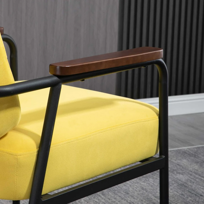 HOMCOM Modern Accent Chair with Cushioned Seat and Back, Upholstered Velvet Armchair for Bedroom, Living Room Chair with Arms and Steel Legs, Yellow