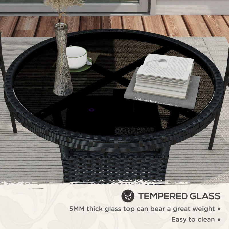 Outsunny Φ31.5" Outdoor Wicker Dining Table, PE Rattan Patio Furniture with 2-Tier Storage Shelf, Metal Frame Round Garden Table with Glass Top Table, Black